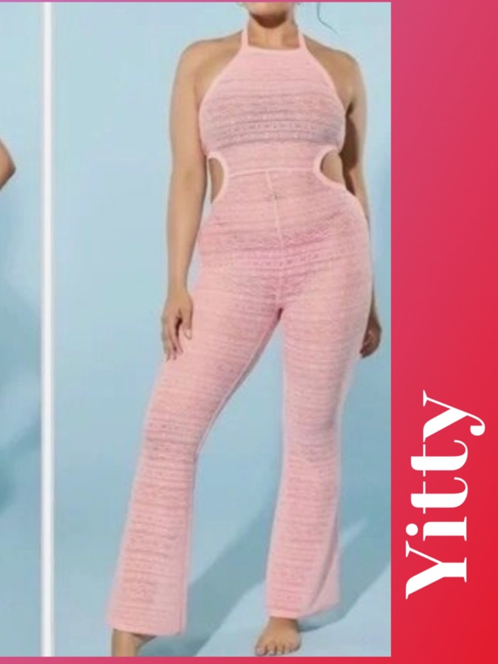 YITTY Pink Halter Crochet Cutout Jumpsuit